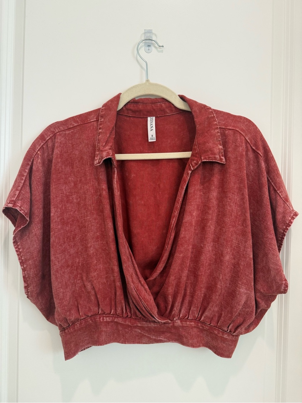 Zenana Rust Red Cropped Draped V-Neck Top